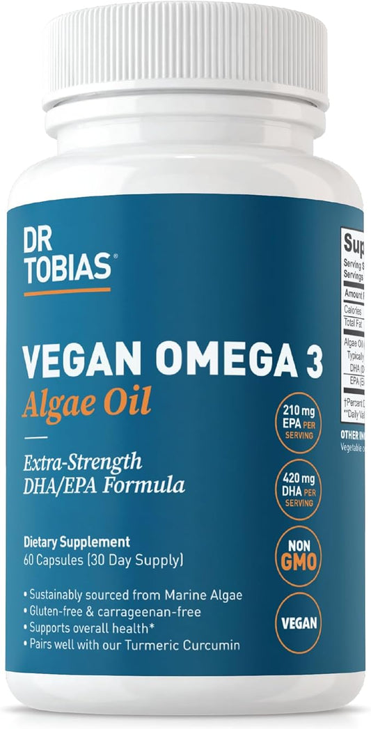 Dr. Tobias Vegan Omega 3 Supplement, 1400mg Algae Oil, 420mg DHA, and 210mg EPA per Serving, Non-GMO, Gluten-Free, Carrageenan-Free, 60 Capsules, 30 Servings