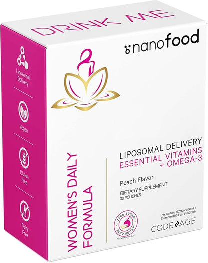 Codeage Liposomal Women's Daily Vitamins Liquid Pouch Formula, Vegan Omega-3 Liquid Multivitamin Supplement, Biotin, Vitamins A, B, C, D, E, Riboflavin, Berry - Non-GMO - 30 Pouches