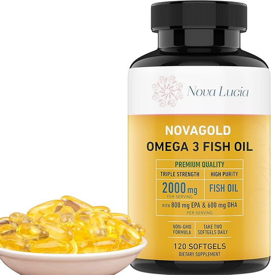 Omega 3 Burpless Fish Oil Supplement 2000mg Max Strength Maintain Healthy Heart, Sharper Brain, Shiny Hair, Boost Immune System, High Potency EPA & DHA Vitamin E, Non-GMO 120 Small Liquid Softgels