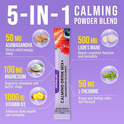 Venture Pal Magnesium Glycinate Powdered Calming Drink Mix with Ashwagandha, Vitamin D, L-Theanine, Lions Mane, Sugar Free Magnesium Supplement Blend for Calm, Relax & Focus, Non GMO, Vegan, 16 Sticks