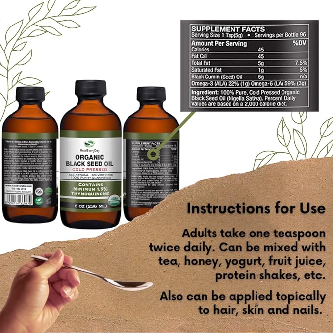 Organic Black Seed Oil - USDA Certified Cold Pressed Glass Bottle Over 1.5% Thymoquinone 3X strength Turkish Black Cumin Nigella Sativa non-GMO 100% Pure Blackseed Oil (1oz Glass Dropper Bottle)