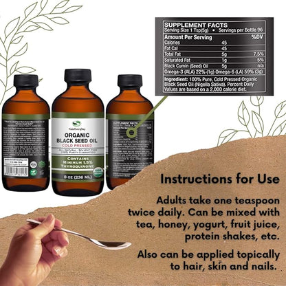 Organic Black Seed Oil - USDA Certified Cold Pressed Glass Bottle Over 1.5% Thymoquinone 3X strength Turkish Black Cumin Nigella Sativa non-GMO 100% Pure Blackseed Oil (1oz Glass Dropper Bottle)