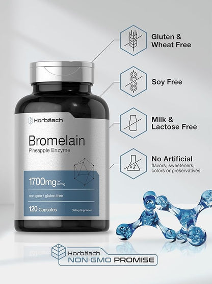 Horbäach Bromelain 1700 mg | 120 Capsules | Supports Digestive Health | Pineapple Enzyme Supplement | Non-GMO, Gluten Free