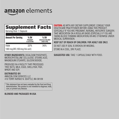 Amazon Elements Folic Acid 800 mcg per Serving, Dietary Supplement for Healthy Prenatal Development, 6 Months of Supply (Pack of 2)