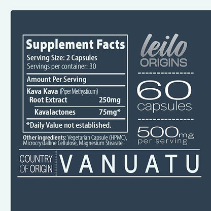 LEILO Kava Root Capsules | 500mg of Noble Extract/Serving to Support Stress and Promote Relaxation | (60 Vegan Capsules)