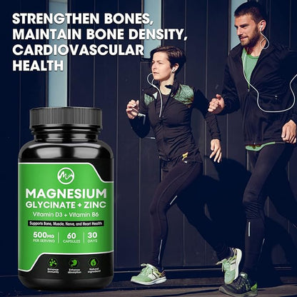 Magnesium Glycinate Capsules, Magnesium Glycinate Supplement with Zinc, Vitamin D3 & B6 - Promotes Nerve, Bowel, Relaxation Function - 60 Vegan Capsules