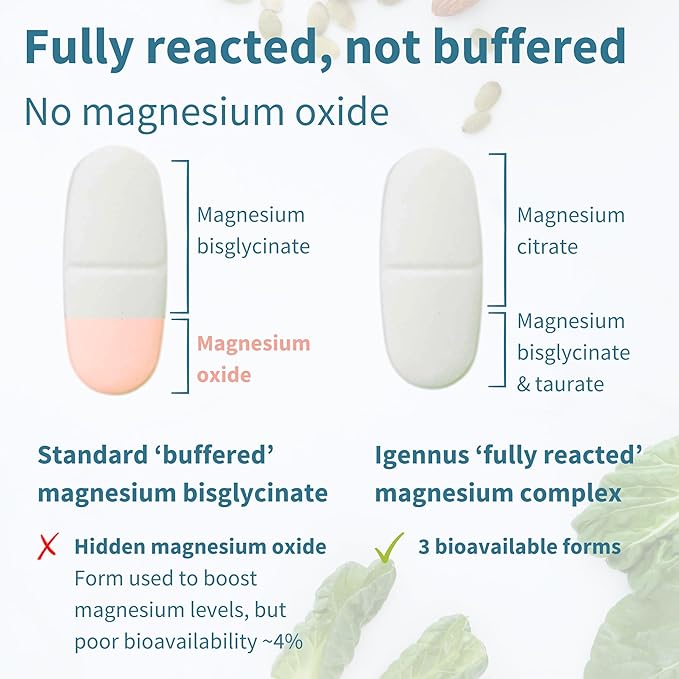 Igennus Advanced Triple Magnesium Complex, Fully Reacted & Chelated Glycinate, Taurate & Citrate, Clean Label, High Bioavailability & Absorption, 60 Tablets, Vegan, Non-Buffered