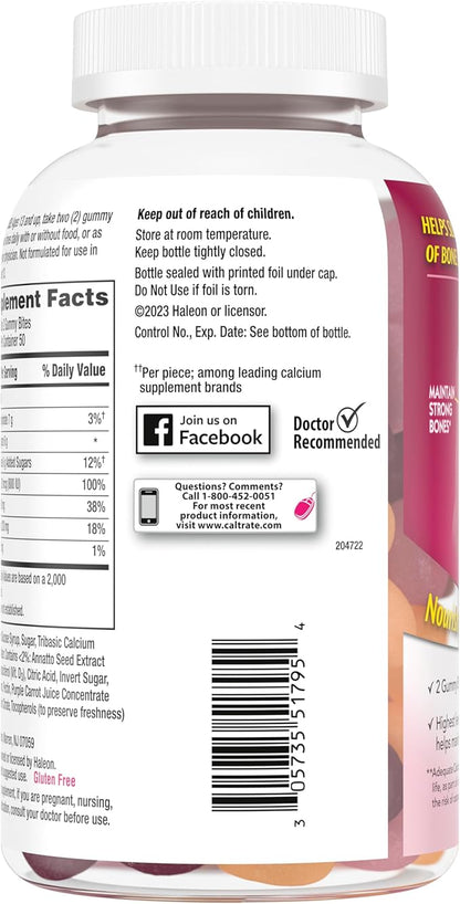 Caltrate Gummy Bites 500 mg Calcium and Vitamin D Supplement, Black Cherry, Strawberry, Orange - 100 Count