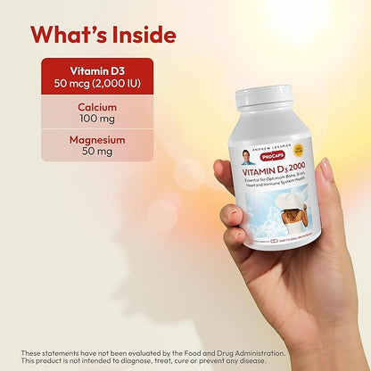 ANDREW LESSMAN Vitamin D3 2000 IU 720 Capsules - High Potency, Essential for Calcium Absorption, Supports Bone Health, Healthy Muscle Function, Immune System, More. Small Easy to Swallow Capsules