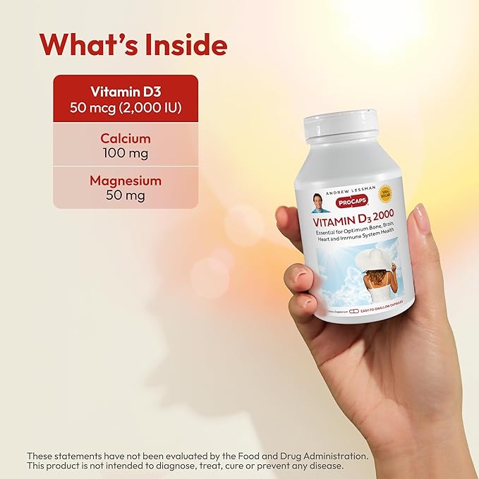ANDREW LESSMAN Vitamin D3 2000 IU 360 Capsules - High Potency, Essential for Calcium Absorption, Supports Bone Health, Healthy Muscle Function, Immune System, More. Small Easy to Swallow Capsules
