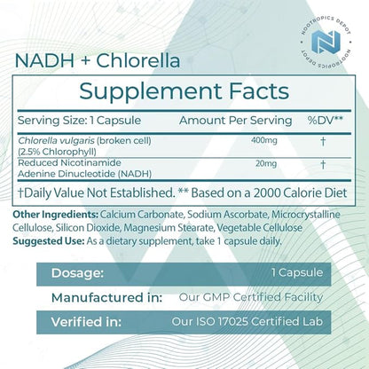 Nootropics Depot NADH + Chlorella vulgaris (Broken Cell) 400mg Capsules | Nicotinamide Adenine Dinucleotide 20mg | Chlorophyll 10mg | Energy, Alertness, Mental Clarity & Healthy Aging, 30 Count