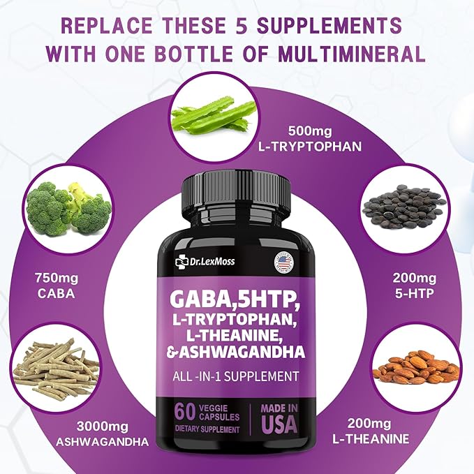 GABA 5 HTP L Tryptophan L Theanine Ashwagandha SAM-e L-Glycine Mood Support Vitamins for Women and Men with L-Tyrosine Made in USA 60 Count