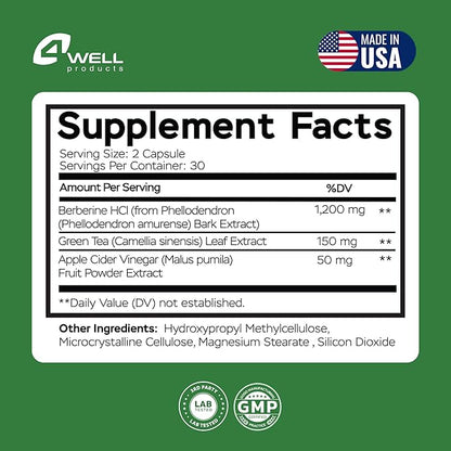 Advanced Berberine HCL Supplement 1400mg Complex - Triple-Strength Blend with Apple Cider Vinegar & Green Tea Extract - Body Composition Support, Digestive Health, Support Heart Health, Immune System