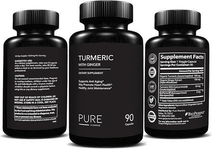 Turmeric and Ginger Supplements - 90 Vegetarian Capsules | Digestive Health & Joint Support Supplement | Organic Turmeric Curcumin Supplement with Black Pepper Extract