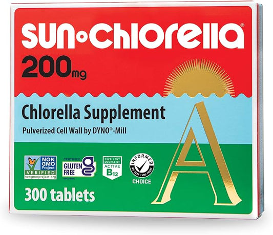 Sun Chlorella 200 mg Green Algae Superfood Supplement - Pulverized Cell Wall - Chlorophyll, CGF, Active B12, Iron, Protein - Non-GMO - 300 Tablets