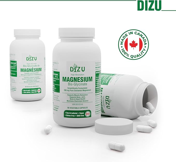 Dizu - Magnesium Bisglycinate 200 mg, Pure Elemental Chelated Complex, Supports Sleep, Muscle, Bone, Heart & Energy Metabolism, with Glycine & Oxide, Vegetable Capsules