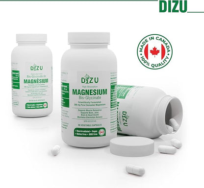 Dizu - Magnesium Bisglycinate 200 mg, Pure Elemental Chelated Complex, Supports Sleep, Muscle, Bone, Heart & Energy Metabolism, with Glycine & Oxide, Vegetable Capsules