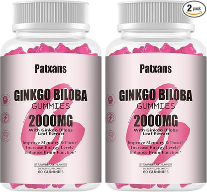 2 Packs 2000mg Ginkgo Biloba Gummies - Ginkgo Biloba Supplements for Brain Health Support, Improve Mood and Focus, Energy, Adult, Vegen, Non-GMO, Strawberry Flavor, 120 Count