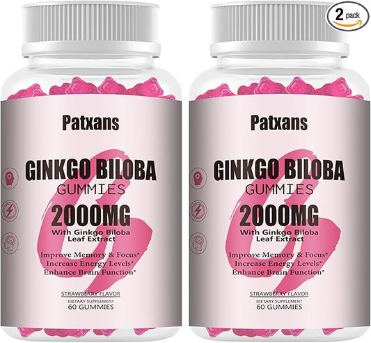 2 Packs 2000mg Ginkgo Biloba Gummies - Ginkgo Biloba Supplements for Brain Health Support, Improve Mood and Focus, Energy, Adult, Vegen, Non-GMO, Strawberry Flavor, 120 Count