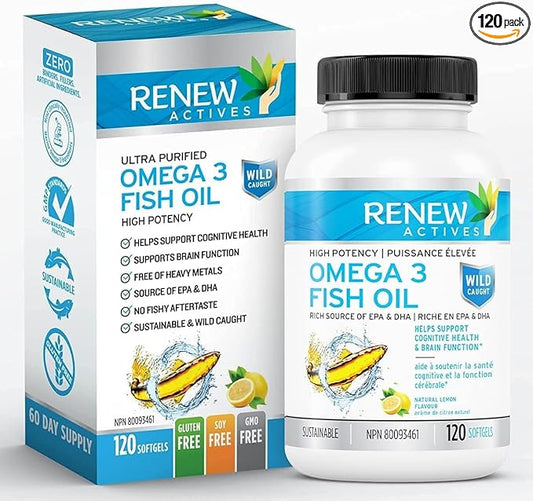 Renew Actives Omega-3 Fish Oil 2400MG per 2 Softgels - 720MG EPA & DHA - Supports Heart, Brain, Eye Health, & Triglyceride Reduction - No Fishy Aftertaste - Made in Canada - 120 Softgels