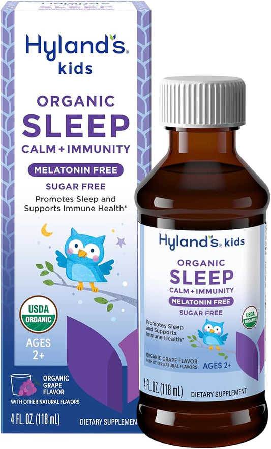 Hyland's Kids Melatonin-Free Organic Sleep Calm and Immunity Liquid, Sugar-Free, Promotes Sleep and Supports Immune Health, Ages 2 and up, Grape Flavor, 4 Fl. Oz.