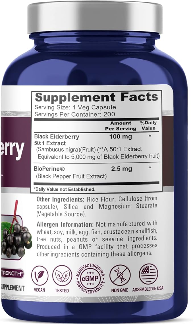 NusaPure Black Elderberry 50:1 Extract, 100 mg Equivalent to 5,000mg per Veggie Capsules, 200 Count (Non-GMO, Bioperine) Sambucus Supplement