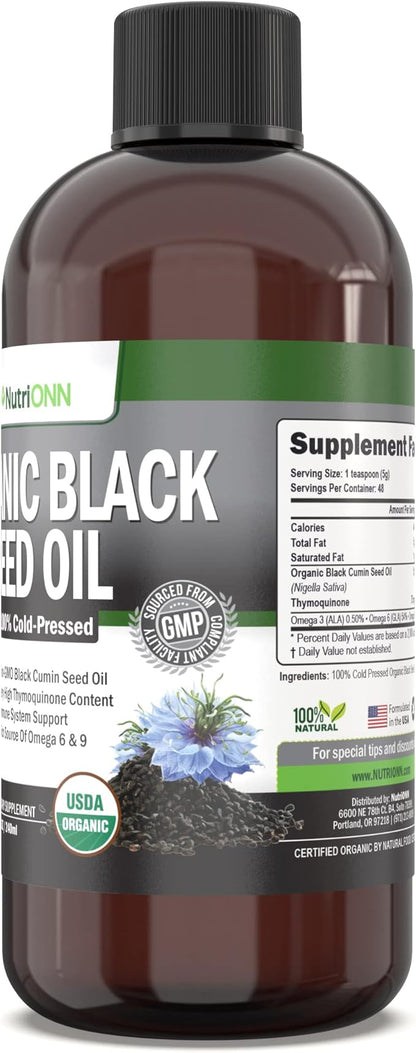 Organic Black Seed Oil - USDA Certified Organic Black Cumin Seed Oil Liquid – High Thymoquinone Content – Non-GMO and Cold-Pressed – Rich Source of Omega-6 & Omega-9 Fatty Acids - 8 Oz