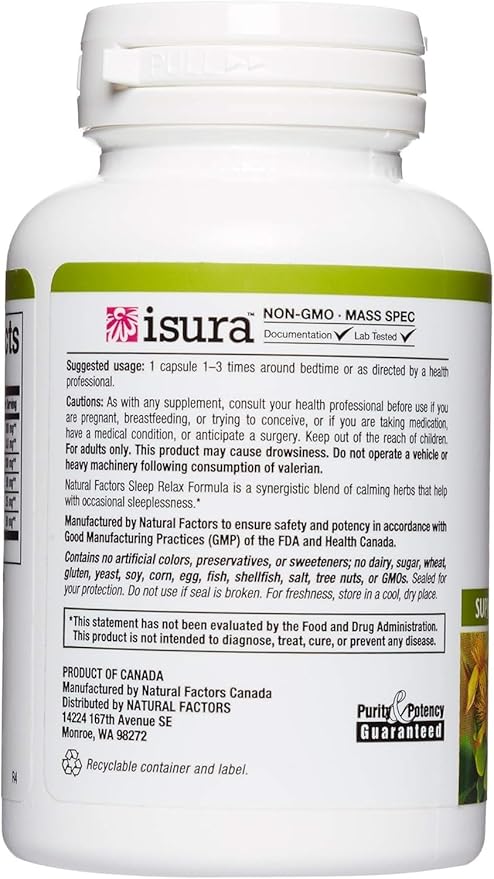 Herbal Factors Sleep Relax Formula by Natural Factors, Natural Sleep Aid with Valerian Root, Passion Flower and Skullcap, Non-GMO, 90 capsules (90 servings)