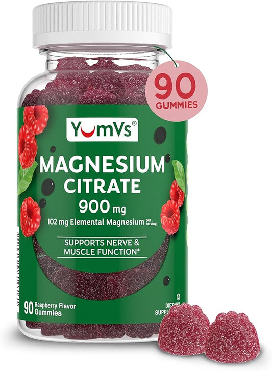 YUM-V'S Magnesium Citrate Gummies - 900mg Magnesium Citrate (102mg of Elemental Magnesium) Highly Absorbable Citrate, Supports Nerve, Enzyme & Muscle Function - 90 Count