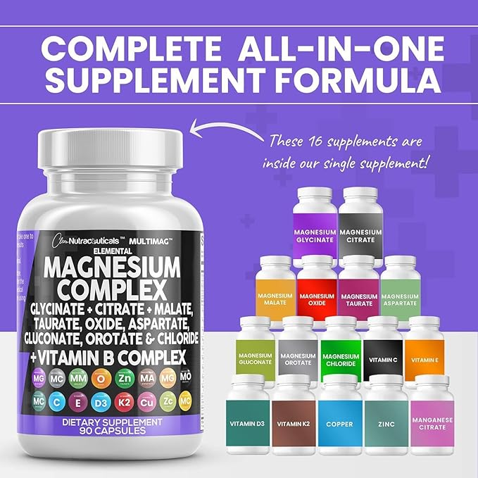 Clean Nutraceuticals Magnesium Complex 2285mg with Magnesium Glycinate Citrate Malate Oxide Taurate Aspartate Orotate & Mag Chloride, Zinc Copper Manganese & Vitamin C B1 B2 B6 B12 Complex - 2Pack