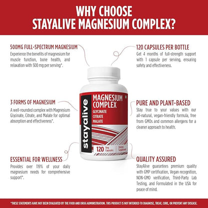 STAY ALIVE Triple Magnesium Complex Supplement 500mg, Chelated Glycinate, Citrate & Malate Powder, High Absorption Magnesium for Women and Men, 120 Pills, Non-GMO & Gluten-Free Capsules