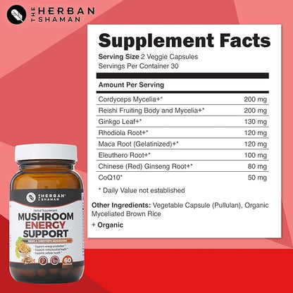 Mushroom Supplement Energy Support | Organic Mushroom Herbal Capsules with Reishi, Ginkgo, Rhodiola, Maca, Chinese Ginseng, CoQ10 + More (60 Capsules)
