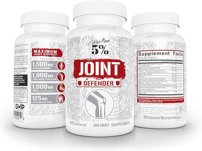 5% Nutrition Rich Piana Joint Defender Maximum Joint Support Supplement | Collagen, Glucosamine, Chondroitin, Turmeric Curcumin with Black Pepper, MSM, Hyaluronic Acid | 200 Capsules, 25 Servings