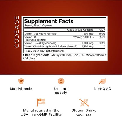 Codeage ADK Vitamins Supplement - Essential Vitamin A, D3 5000 IU, K1 & K2 (MK4 & MK7) - 6-Month Supply - 1 Capsule per Serving, Non-GMO, Gluten-Free - 2-Pack