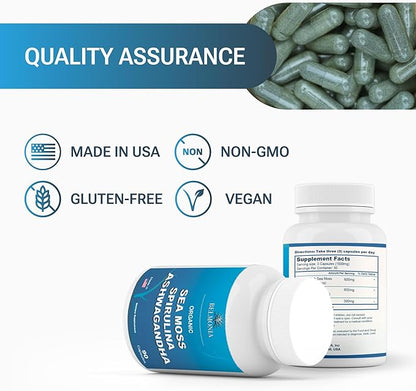 Sea Moss Capsules with Spirulina and Ashwagandha Capsules, 100% Organic Irish Moss, Strength & Endurance- High Potency Sea Moss Supplement, 90 Count Made in USA, Superfood Supplements