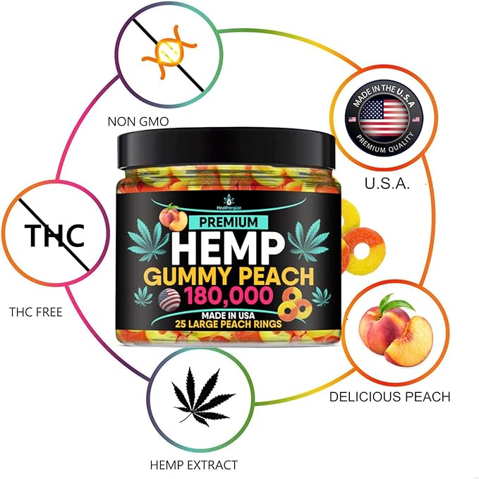 Hemp Gummies-Premium Peach Rings-Fresh and Full Flavor-Natural Hemp Oil Gummy-Great for Back, Neck, Knees, Muscles, Joints, Calm, Relax, Discomfort-Made in USA