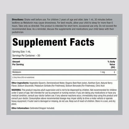 Piping Rock Kids Melatonin Liquid 1 fl oz | 1mg | Pack of 3 Bottles | Berry Flavor Drops | Non-GMO, Gluten Free Supplement