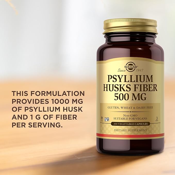 SOLGAR Psyllium Husks Fiber 500 mg - 200 Vegetable Capsules - Non-GMO, Vegan, Gluten Free, Dairy Free, Kosher, Halal - 100 Servings