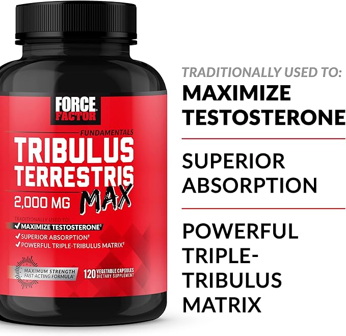FORCE FACTOR Tribulus Terrestris Max for Men, Testosterone Booster and Male Vitality Supplement, for Superior Absorption, 2000mg, 120 Capsules