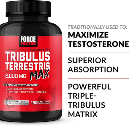 FORCE FACTOR Tribulus Terrestris Max for Men, Testosterone Booster and Male Vitality Supplement, for Superior Absorption, 2000mg, 120 Capsules