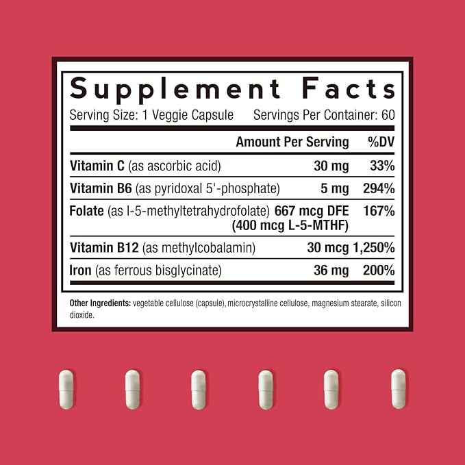 Doctor's Recipes Iron Supplement, Iron Bisglycinate with Vitamin C, B6, Folate & B12, Non-Constipating, Stomach Friendly, Gentle Iron Pills for Iron Deficiency, Blood & Energy Support, 60 Vegan Caps