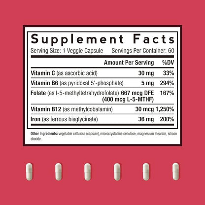 Doctor's Recipes Iron Supplement, Iron Bisglycinate with Vitamin C, B6, Folate & B12, Non-Constipating, Stomach Friendly, Gentle Iron Pills for Iron Deficiency, Blood & Energy Support, 60 Vegan Caps