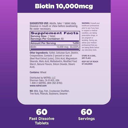 Natrol Beauty Biotin 10000mcg, Dietary Supplement for Healthy Hair, Skin, Nails and Energy Metabolism, 60 Strawberry-Flavored Fast Dissolve Tablets, 60 Day Supply (Pack of 12)