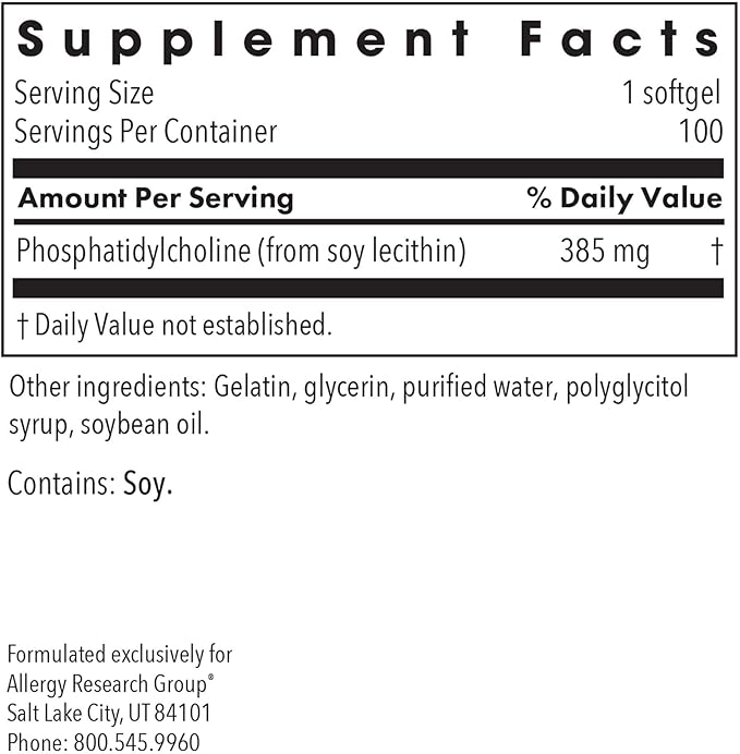 Allergy Research Group Phosphatidyl Choline - Phosphatidyl Supplements for Brain and Liver Health, Soy Lecithin Extract, 385mg Per Capsule - 100 Softgels