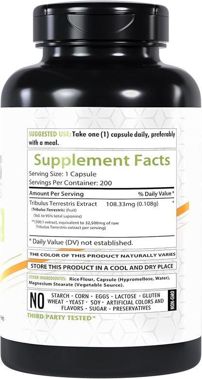 Tribulus Terrestris Extract 32,500mg | 200 Veg Capsules | Maximum Strength | Non-GMO | Gluten-Free