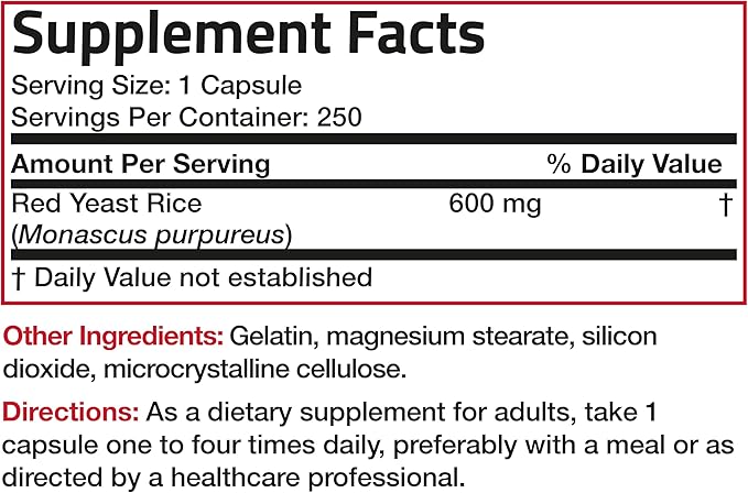 Bronson Red Yeast Rice 600 MG Monascus Purpureus Herbal Health, Non-GMO, 250 Capsules