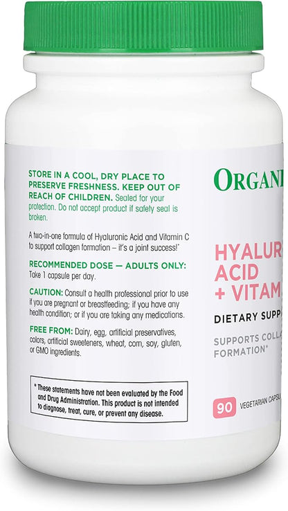 Organika Hyaluronic Acid Supplement with Vitamin C (90 Vegetable Capsules): Symbiotic Joint Wellness, Collagen, & Skin Hydration Powerhouse - Enhanced Hyaluronic Acid Supplements for Mobility & Beauty