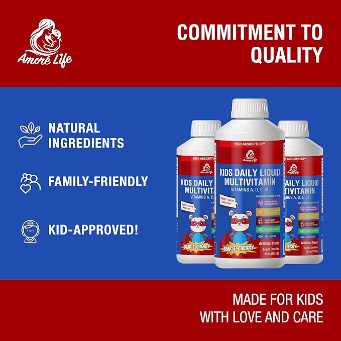 Daily Liquid Multivitamin for Kids, High Absorption with Vitamins A, D, E, B1 and Cod Liver Oil, Vitamin Supplements for Kids, Family Friendly, 16oz, Cherry Flavor