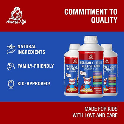 Daily Liquid Multivitamin for Kids, High Absorption with Vitamins A, D, E, B1 and Cod Liver Oil, Vitamin Supplements for Kids, Family Friendly, 16oz, Cherry Flavor