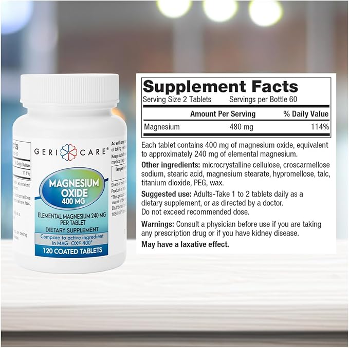 GeriCare Magnesium Oxide Supplement 240 mg, Elemental Magnesium, 120 Coated Tablets, Essential Mineral Support, Promotes Vascular Health, Bone Strength, and Muscle Function (Pack of 3)